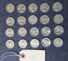 125. Lot 20 Washington silver quarters, all 1964