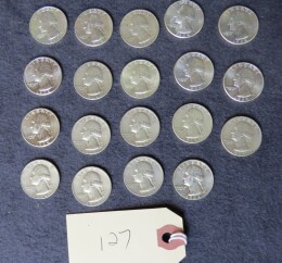 127. Lot 19 Washington silver quarters, eleven 1964-D, eight 1964