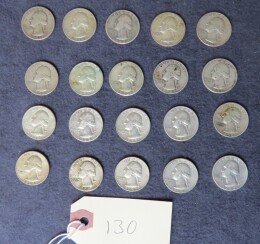 130. Lot 20 Washington silver quarters, mixed dates