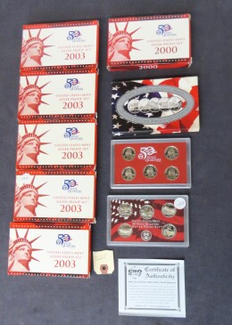 225. U. S. Mint 50 State Quarters silver proof sets, one 2000, five 2003, one 2006