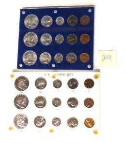 228. Two cases containing three sets U. S. Proof sets total of thirty coins. One 1954 set, one 1956 and four 1955 sets, total 30 coins