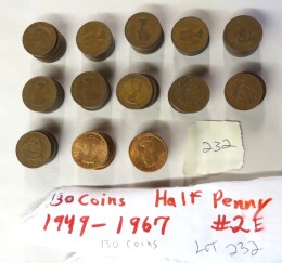 232. Lot 130 English half pennies, 1949-1967