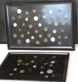 245. Two trays with inlaid foreign coins made by Couroc, Monterey CA